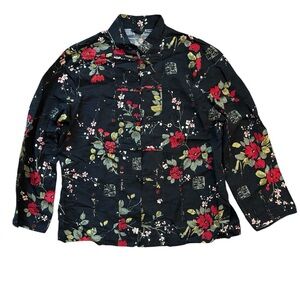 Silkland Asian Print Textured Silk Floral Blouse Jacket Beaded Black Red XL